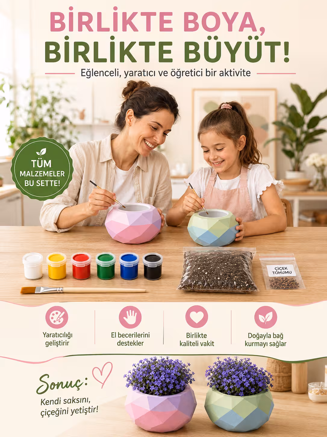Çiçek Yetiştirme Kiti 2'Li Geometrik Saksı - Görsel 4