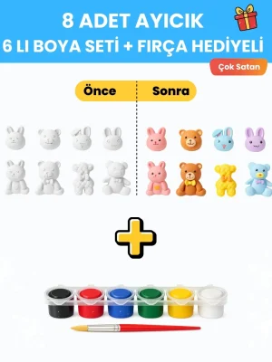 8 Adet Ayıcık Boyama Seti – 6’lı Boya Seti + Fırça Hediyeli Genel
