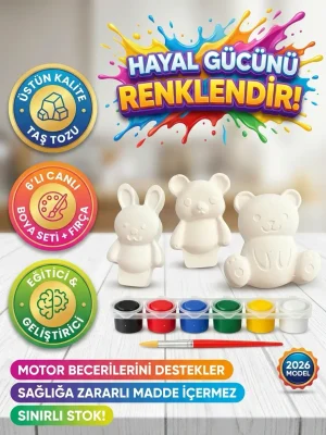3’lü Figür Boyama Seti Taş Tozu Ayıcık Ve Tavşan Hobi Aktivite Seti (6 Renk Boya + Fırça) Genel