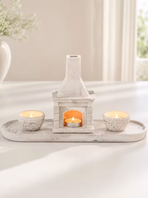 4’lü Şömine Mumluk Seti – 3 Tea Light Mum Hediyeli
