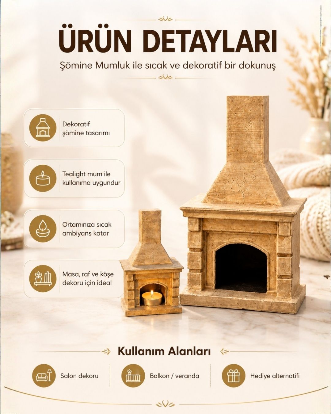 Şömine Mumluk + 2 Adet Mum Hediyeli - Görsel 2