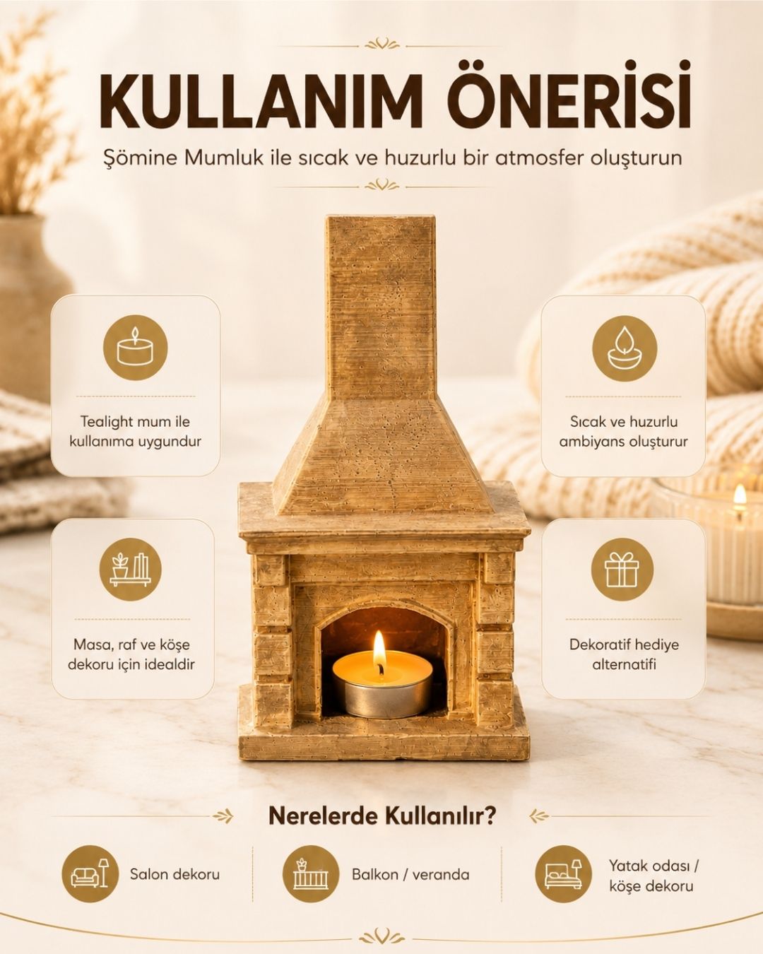 Şömine Mumluk + 2 Adet Mum Hediyeli - Görsel 3